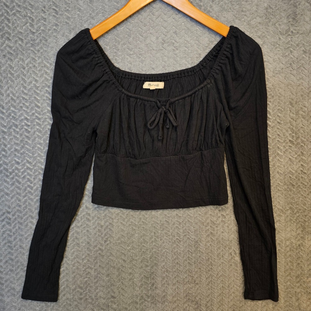 Madewell Coquette Black Ribbed Long Sleeve Tie Front Milkmaid Crop Topโ Small